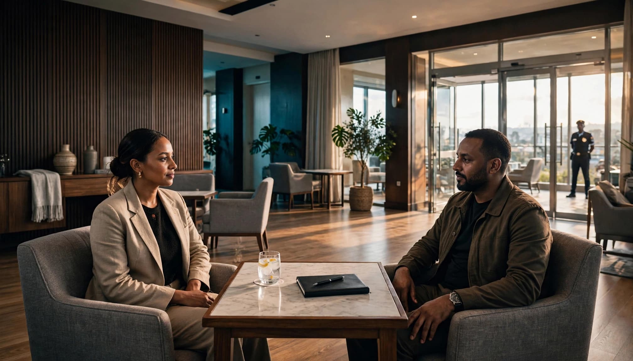 Two adults meet across a small table in a bright hotel lounge.