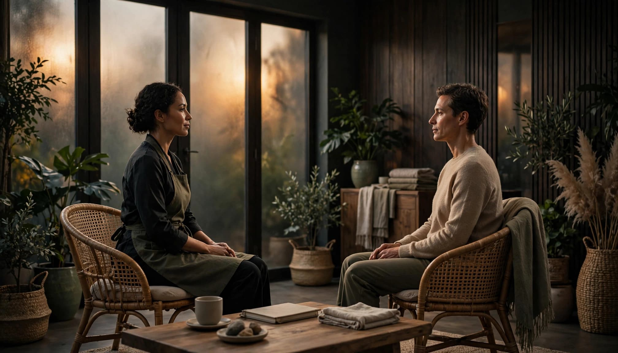 A massage professional and client sit apart in a warmly lit wellness studio.