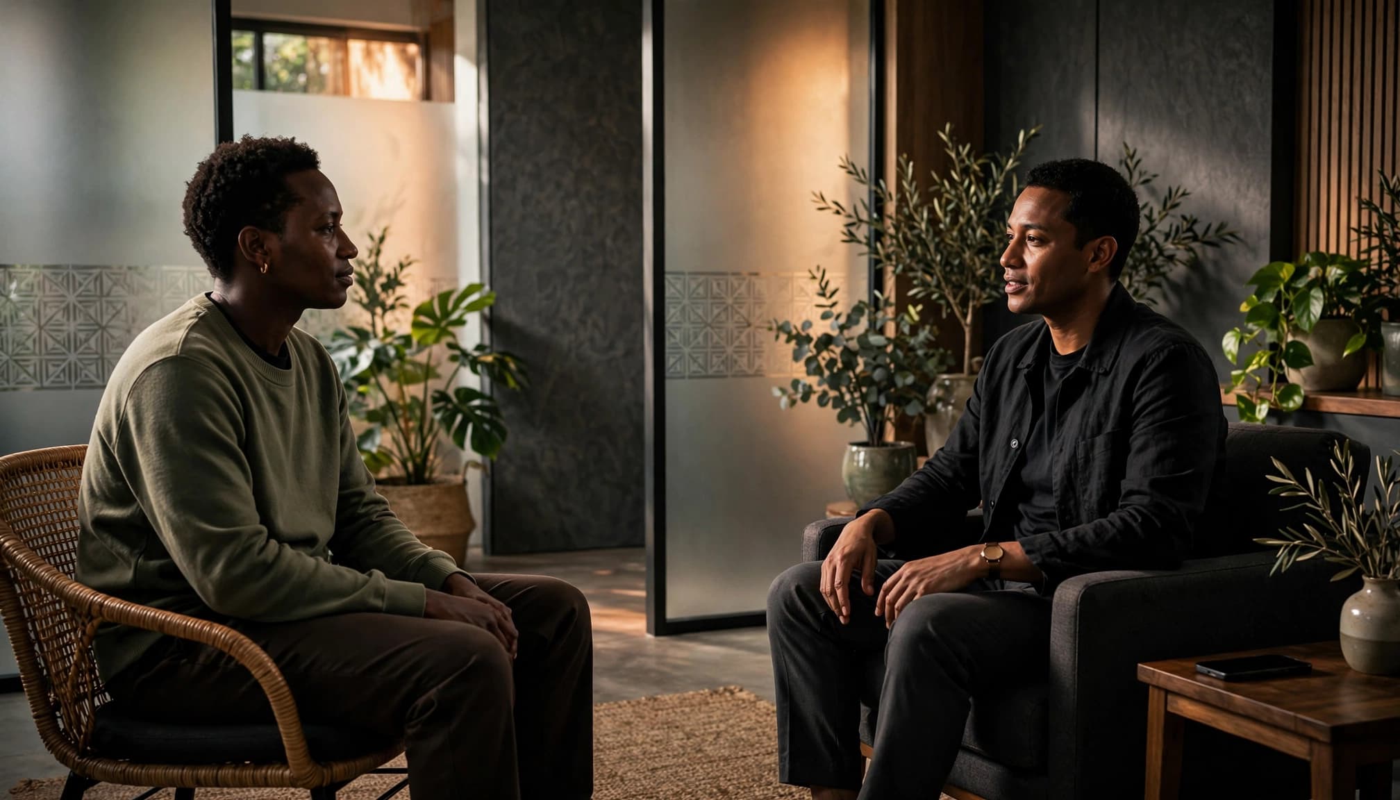 Two adults discuss appointment boundaries in a bright, private wellness reception area.