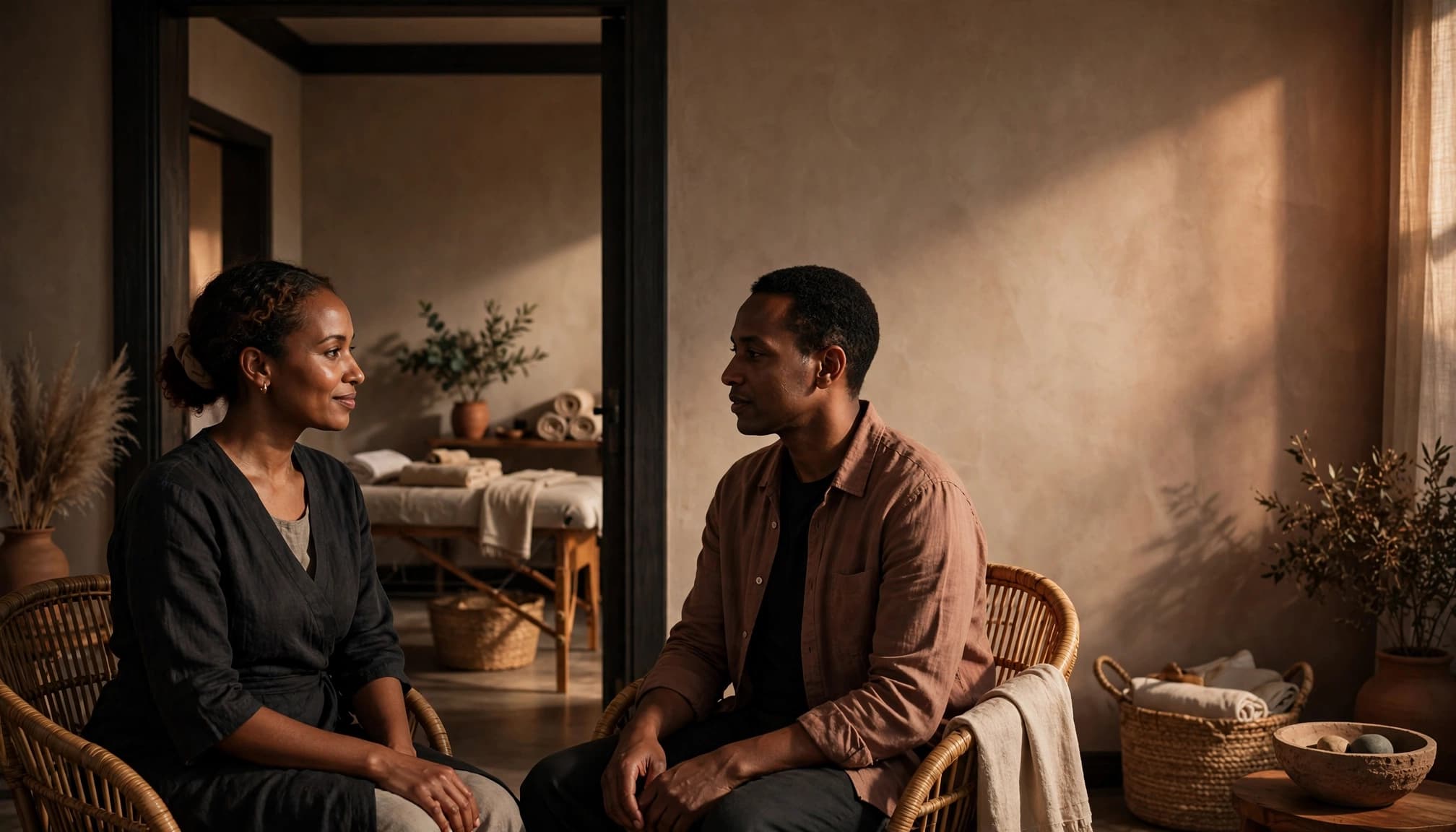A massage professional and client discuss wellness in a calm Nairobi studio.