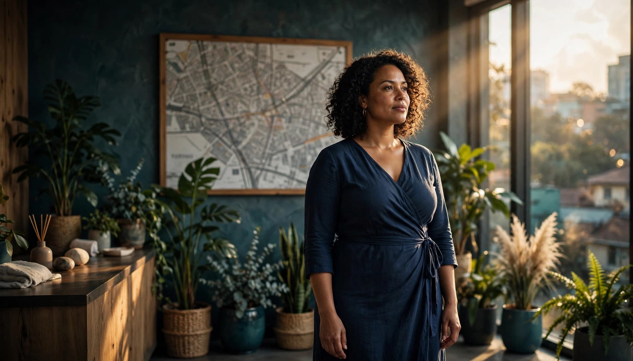 Woman in a navy dress standing in a bright wellness reception area with plants and a city map.